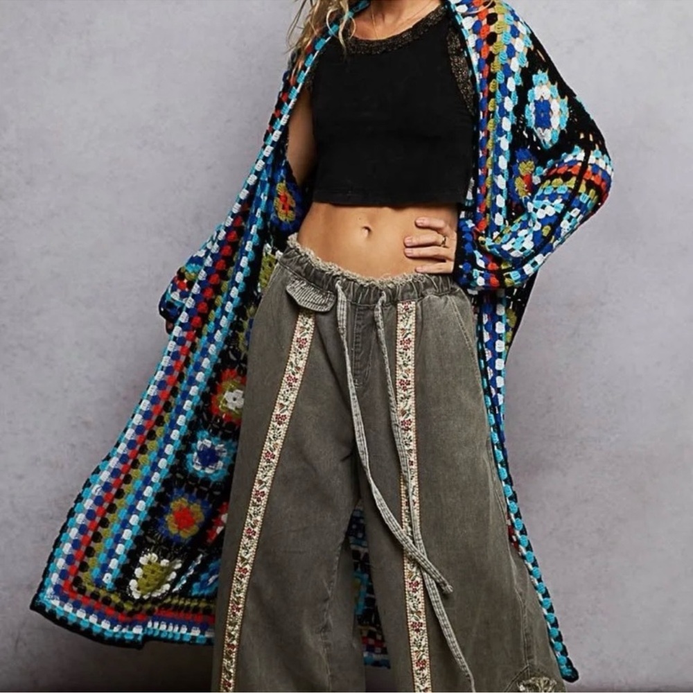 788. POL NEW MULTICOLOR CROCHET CARDIGAN SWEATER DUSTER black boho bohemian - Picture 4 of 6